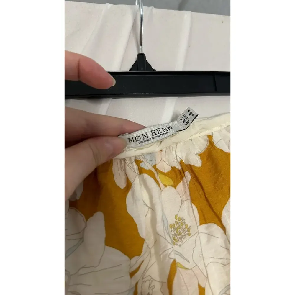 Mon Renn Magnolia Floral Tiered Midi Skirt Yellow Cream Size XS